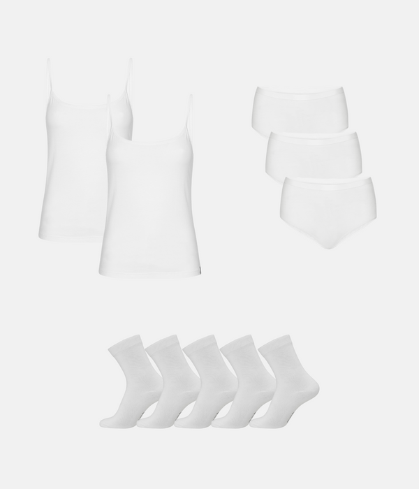 Bamboo Package - Top with Thin Straps & Maxi Panties & Stockings - White